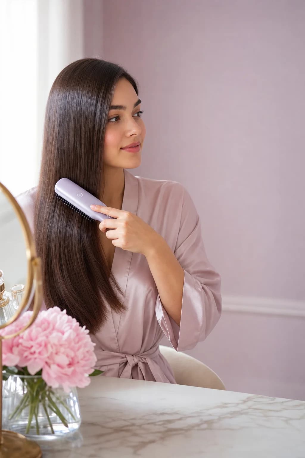Smooth, glossy hair styled with Go-Brush
